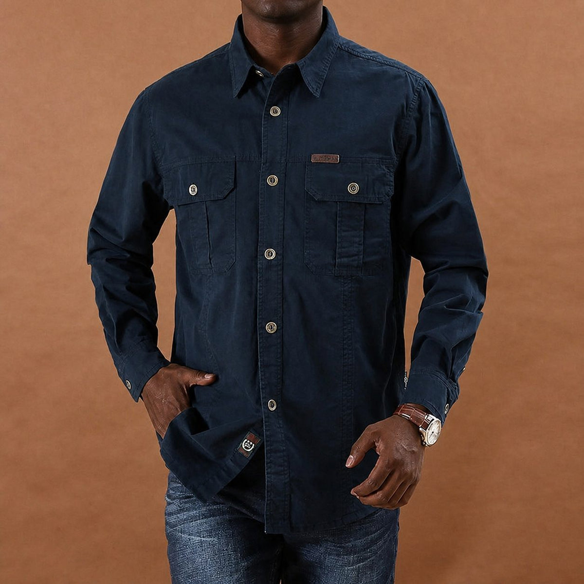 Men's Long Sleeve Utility Shirt with Dual Button-Closure Chest Pockets