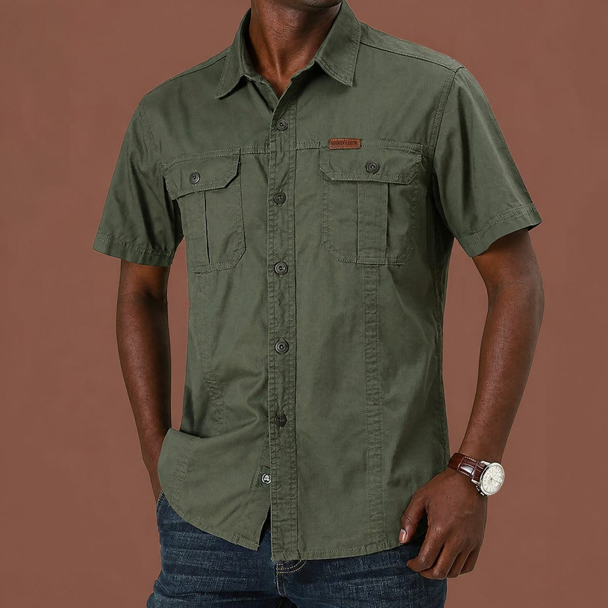Men's Long Sleeve Utility Shirt with Dual Button-Closure Chest Pockets