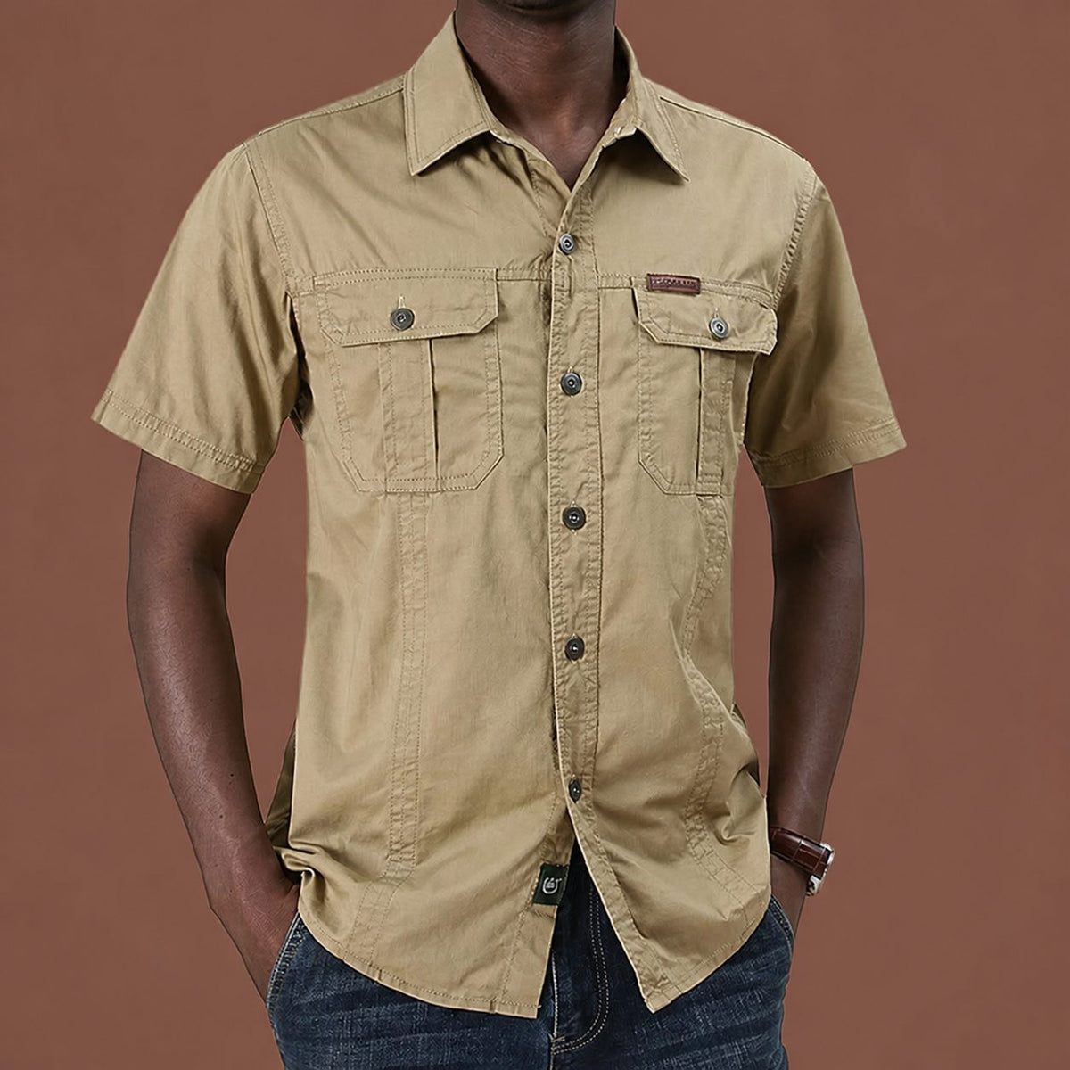 Men's Long Sleeve Utility Shirt with Dual Button-Closure Chest Pockets