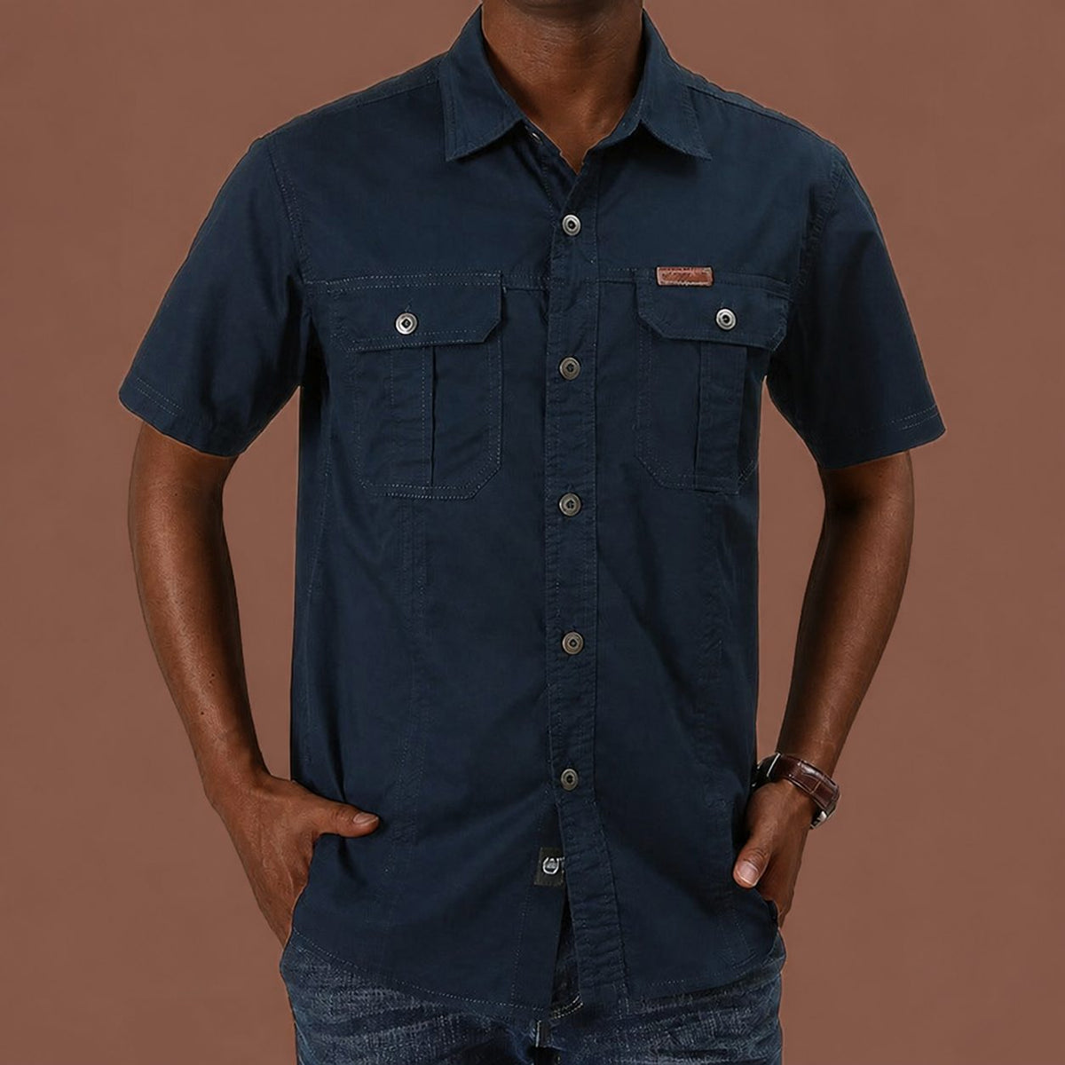 Men's Long Sleeve Utility Shirt with Dual Button-Closure Chest Pockets
