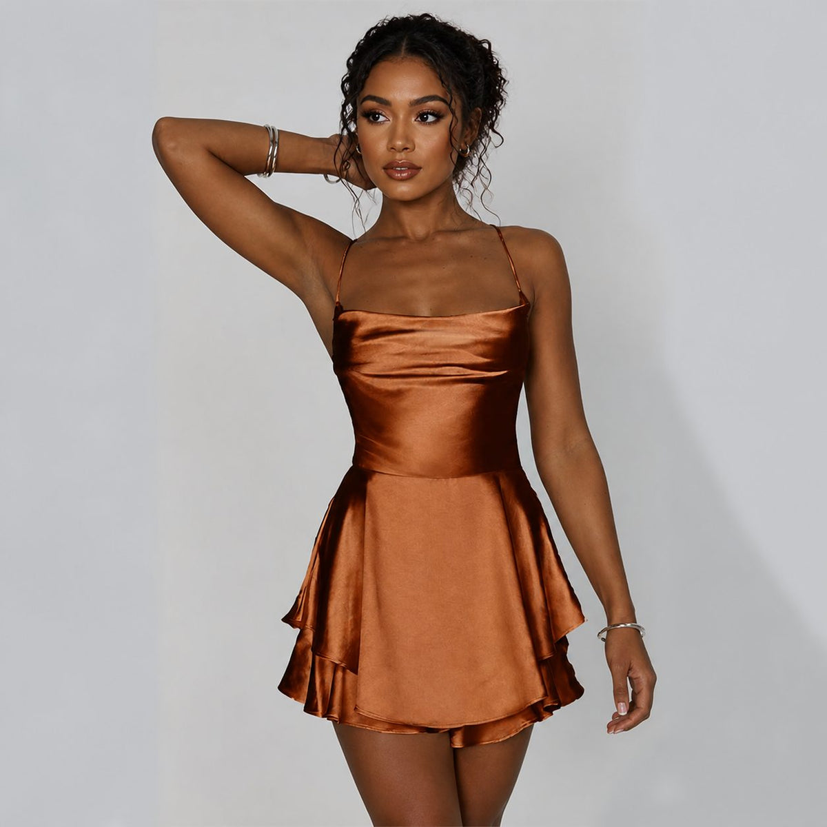 Women's Cowl Neck Backless A Line Mini Dress with Crisscross Straps
