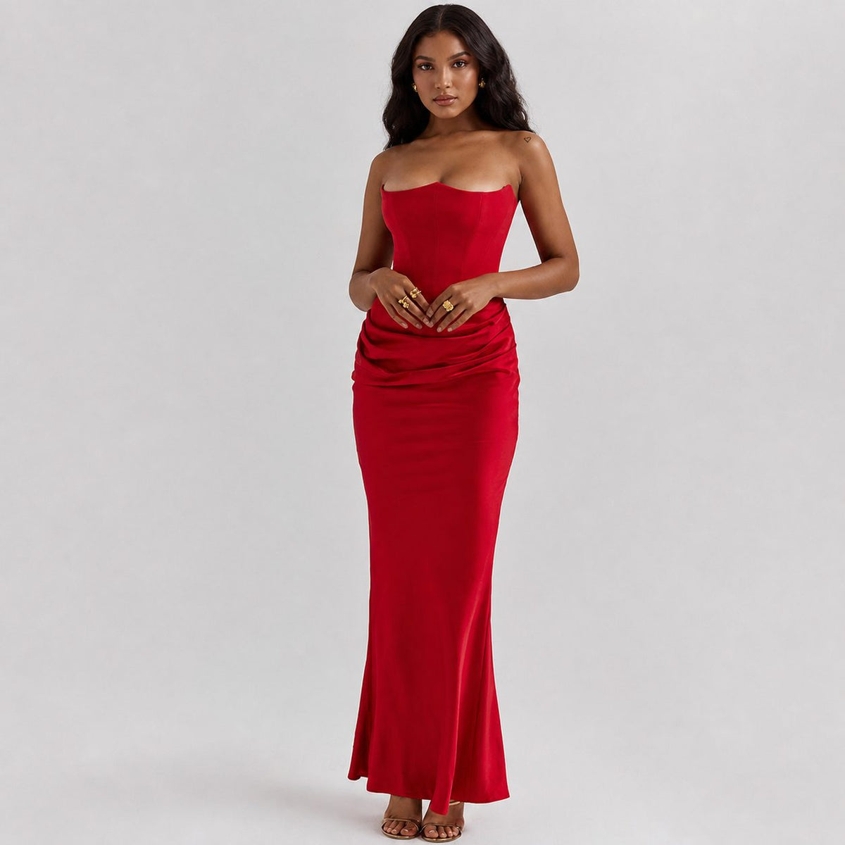 Women's Strapless Backless Ruched Mermaid Maxi Dress
