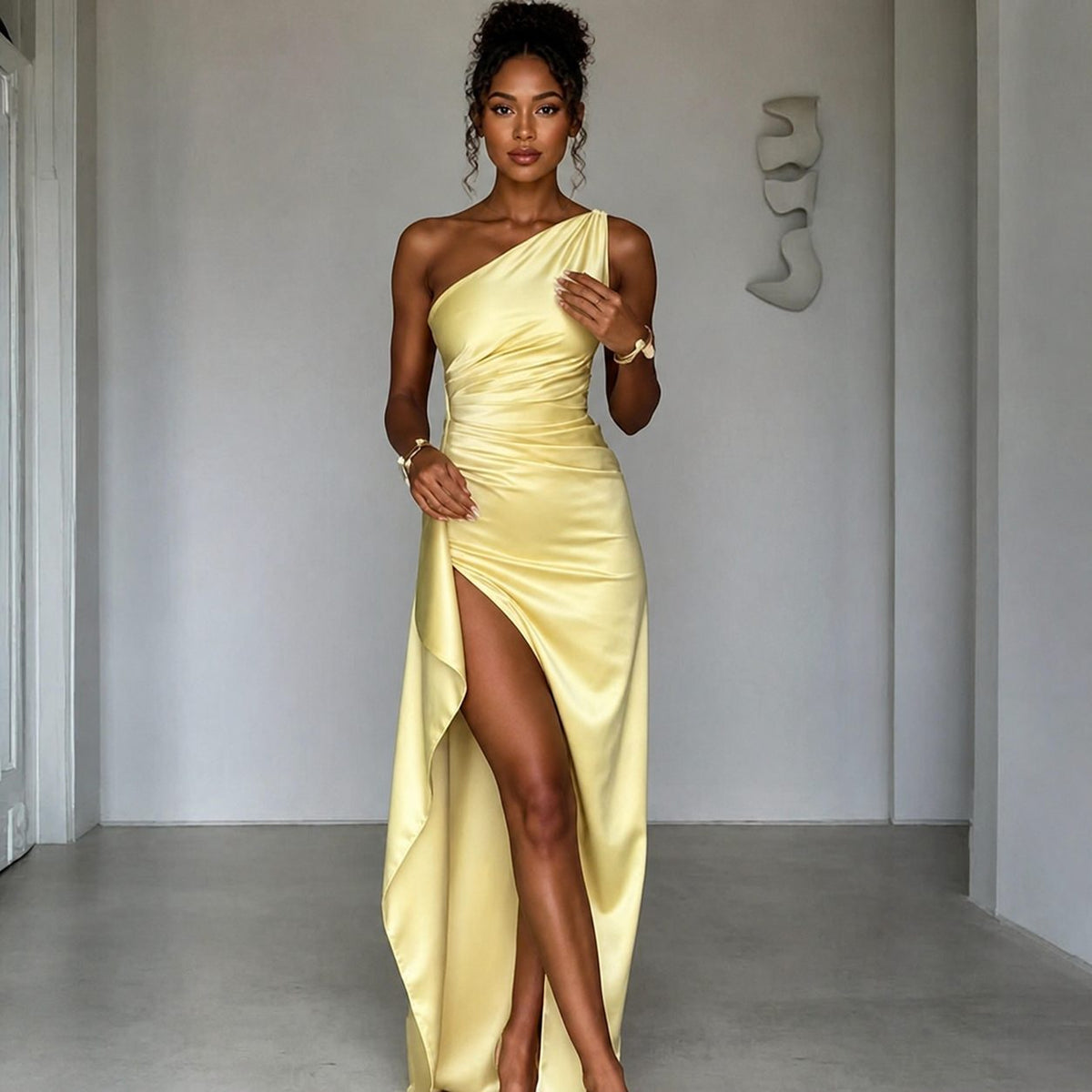 Elegant One-Shoulder Backless Satin Dress with Slit for Women - Summer Slim-Fit Solid Color Design