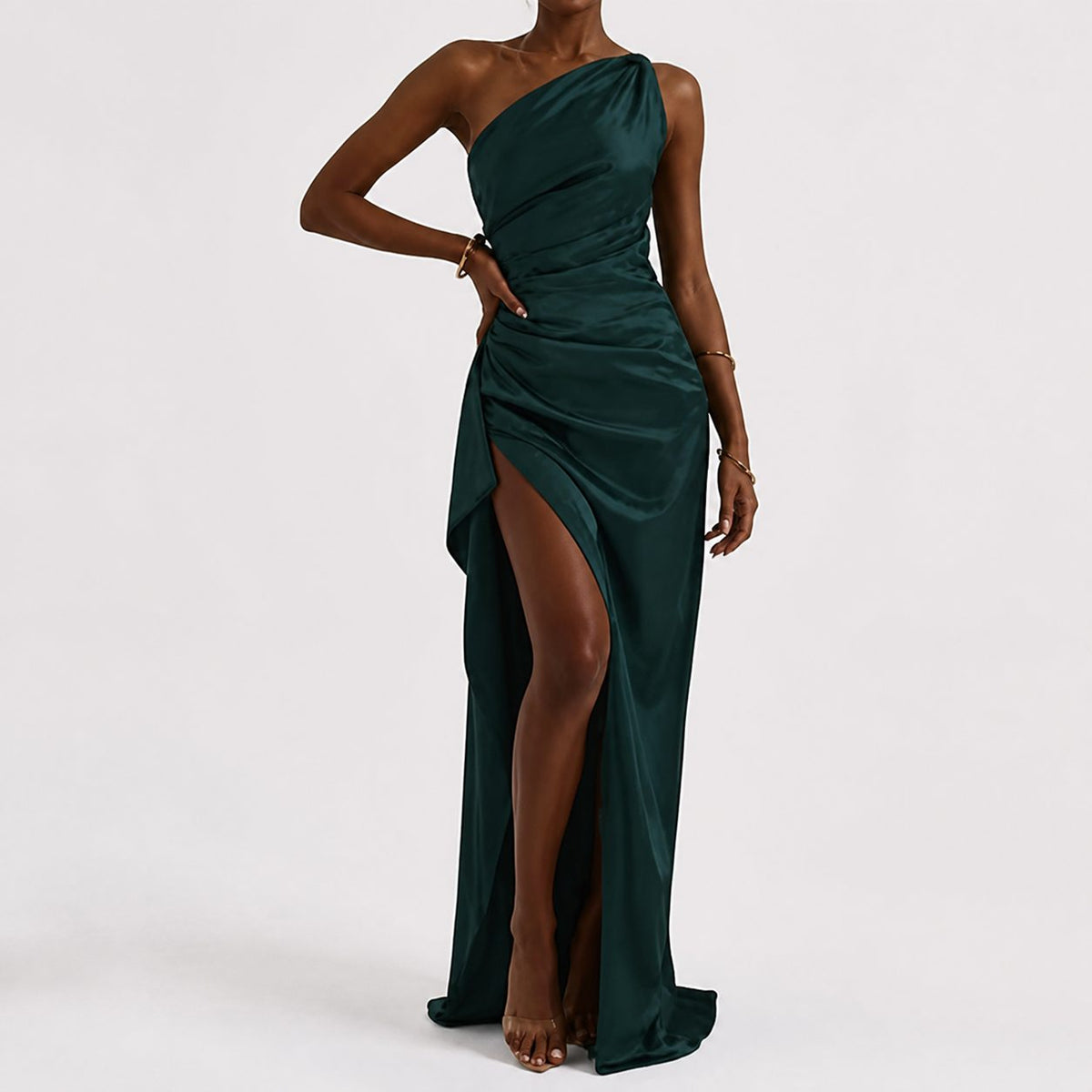 Elegant One-Shoulder Backless Satin Dress with Slit for Women - Summer Slim-Fit Solid Color Design