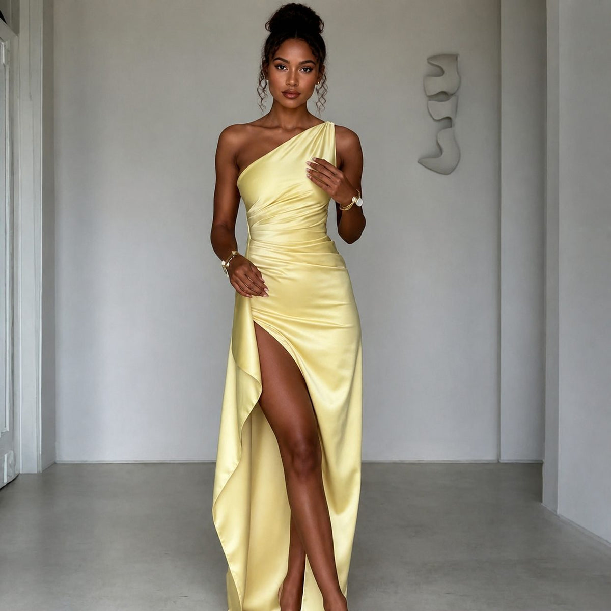 Elegant One-Shoulder Backless Satin Dress with Slit for Women - Summer Slim-Fit Solid Color Design