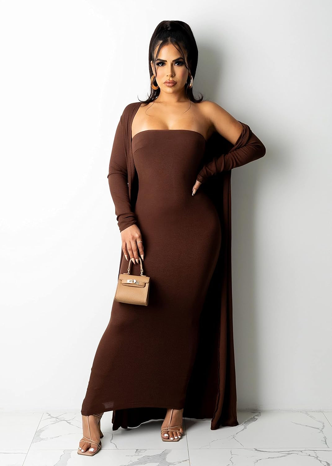 Women's Two-Piece Off-the-Shoulder Bodycon Midi Dress with Long Cardigan Jacket in Coffee