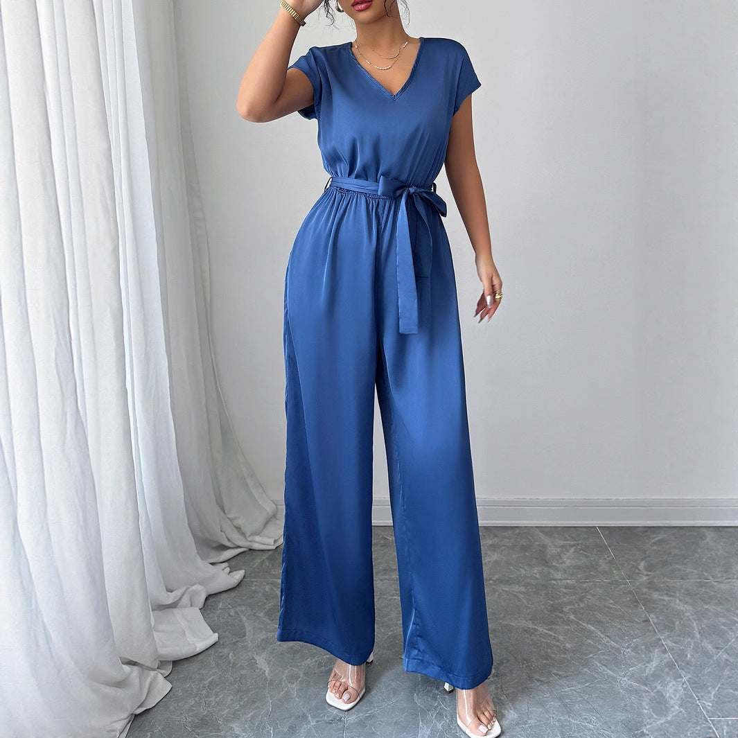 Deep V Neck High Waist Jumpsuit With Tie Belt For Modern Sophistication And All Day Versatility