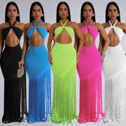 Luxe Tassel Stitch Halter Fringe Maxi Dress With Cross Knot Top For Elegant Evening Events