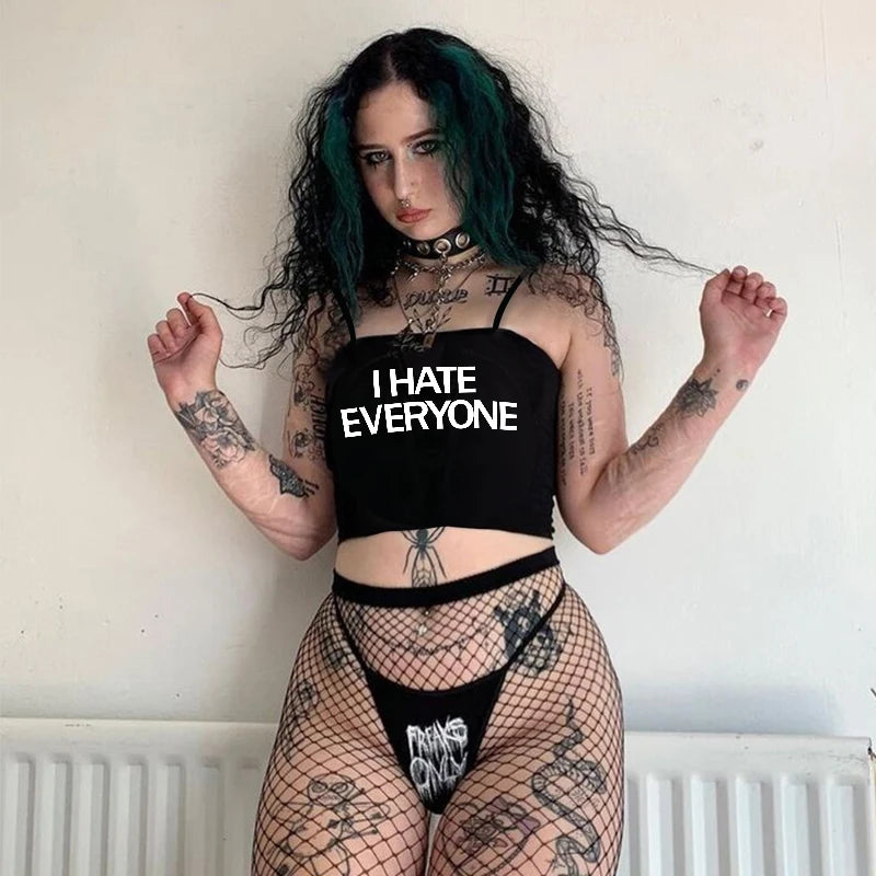 Aesthetic Goth "I HATE EVERYONE" Y2K Crop Top - Trendy Women's Short Sleeve Streetwear Tee