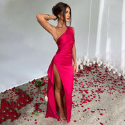 Elegant One-Shoulder Backless Satin Dress with Slit for Women - Summer Slim-Fit Solid Color Design