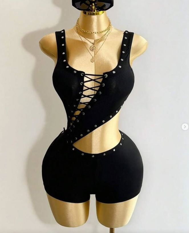 Architectural Asymmetric Strap Jumpsuit With Lace Up Detailing For Bold Streetwear Moments