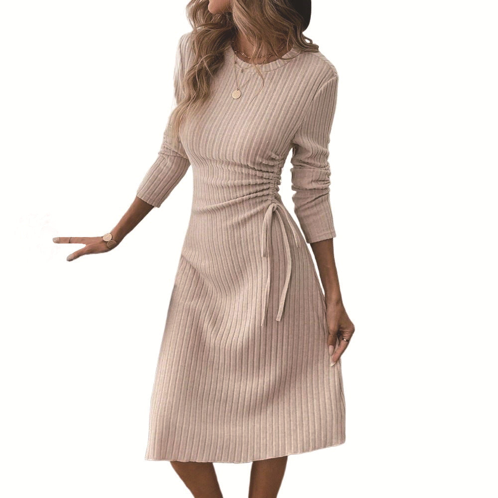 Ribbed Wrap Midi Dress With Elastic Waist And Long Sleeve Silhouette For Effortless Chic