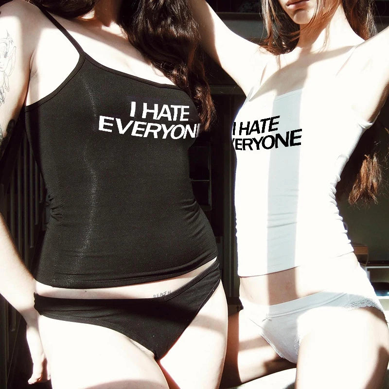 Aesthetic Goth "I HATE EVERYONE" Y2K Crop Top - Trendy Women's Short Sleeve Streetwear Tee
