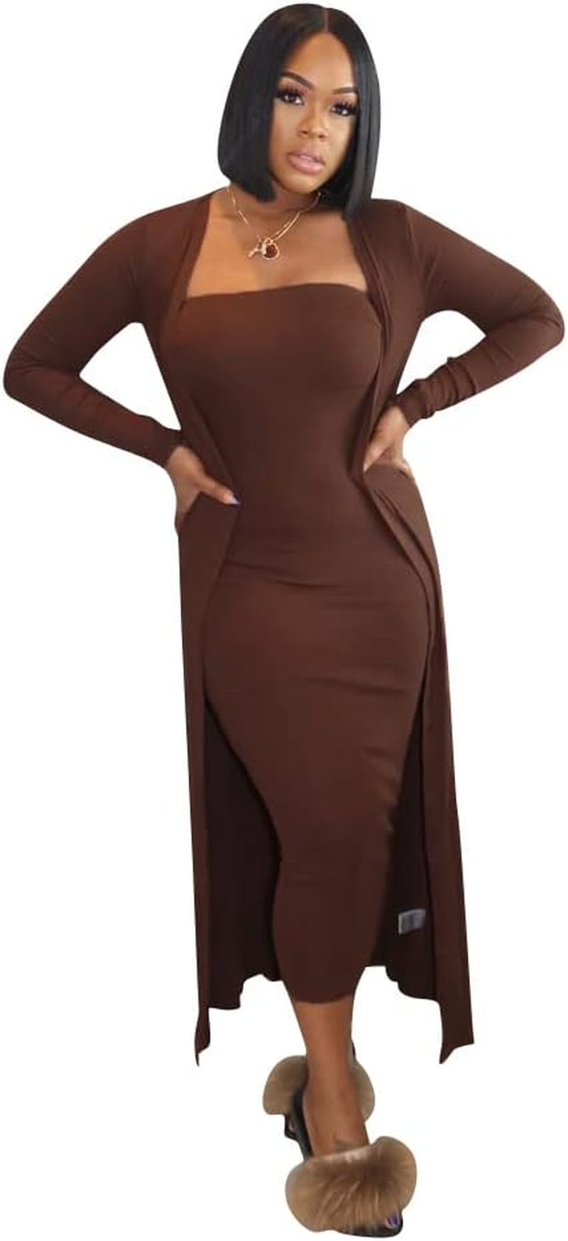 Women's Two-Piece Off-the-Shoulder Bodycon Midi Dress with Long Cardigan Jacket in Coffee