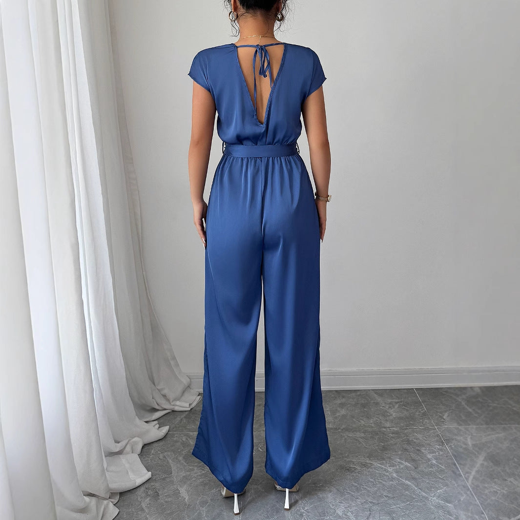 Deep V Neck High Waist Jumpsuit With Tie Belt For Modern Sophistication And All Day Versatility
