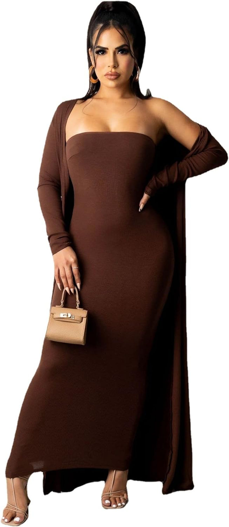 Women's Two-Piece Off-the-Shoulder Bodycon Midi Dress with Long Cardigan Jacket in Coffee
