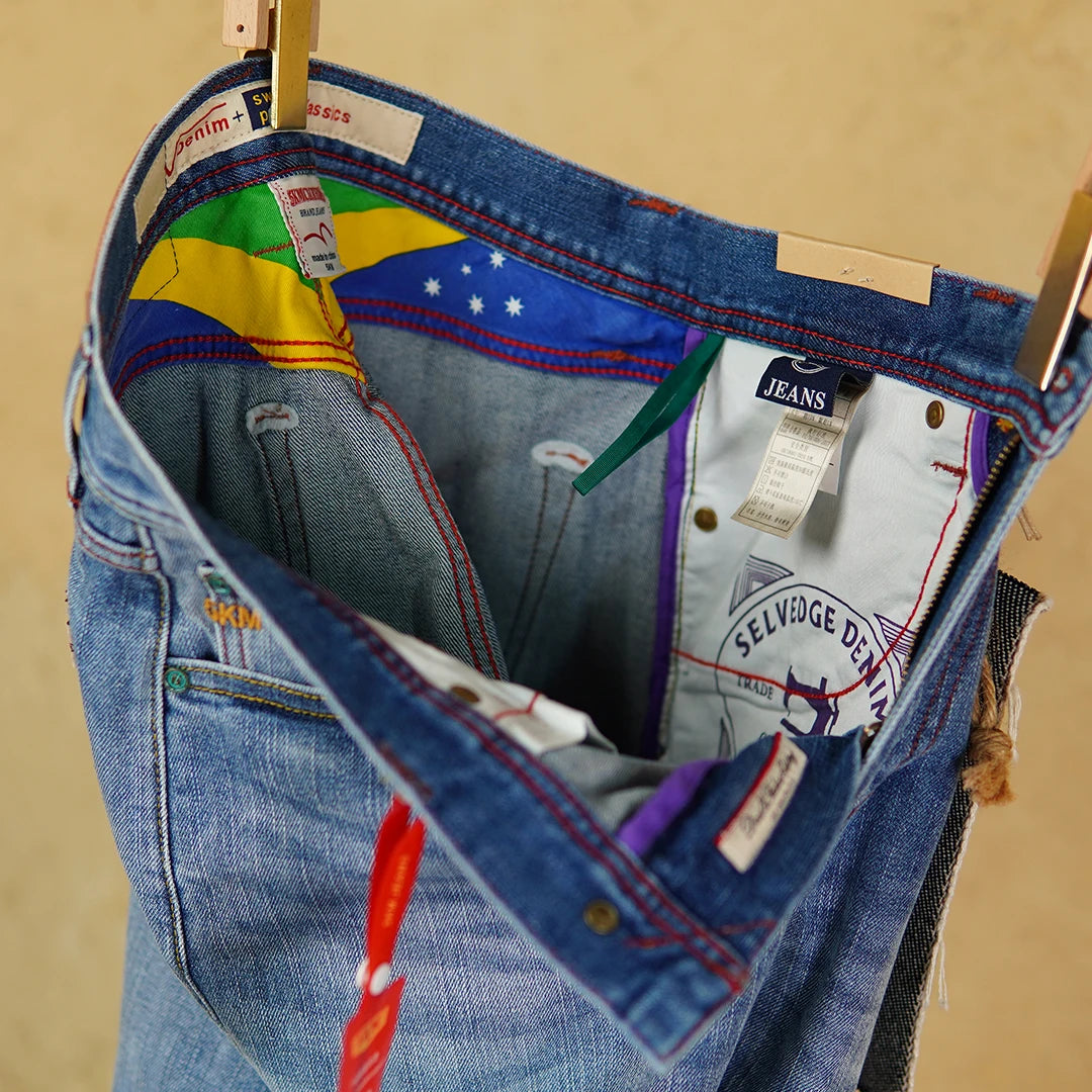 Red Selvedge Denim 12Oz Jeans for Men - Vintage Spring/Summer Thin Casual Stretch Slim Tapered Whiskered Washed Trousers 5KM