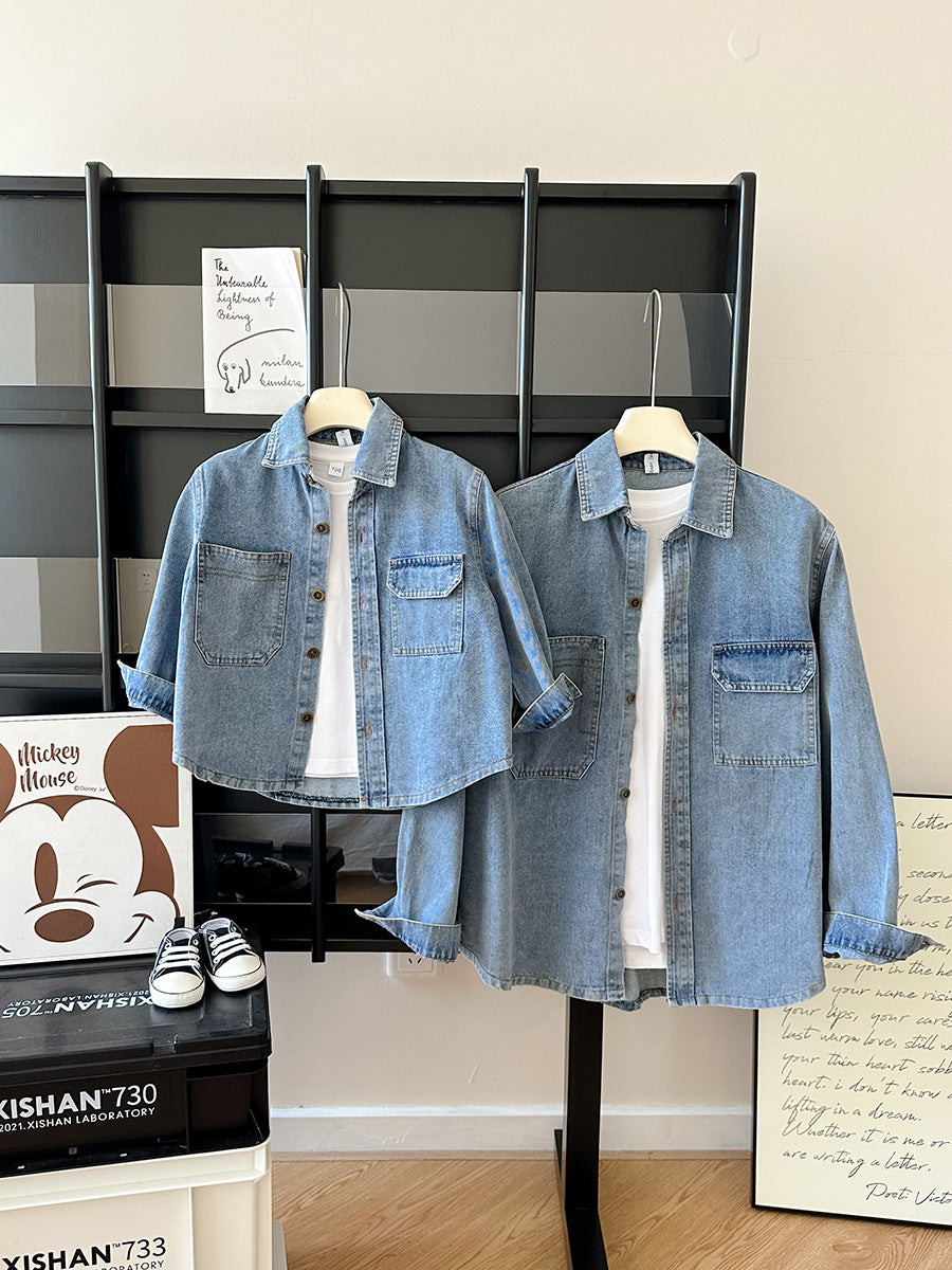 Parent and Child Matching Denim Jacket Set with Collared Button Front and Patch Pockets