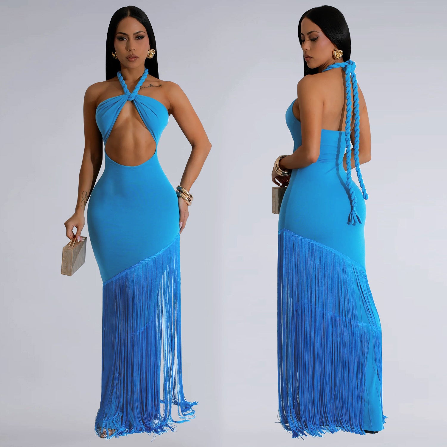Luxe Tassel Stitch Halter Fringe Maxi Dress With Cross Knot Top For Elegant Evening Events