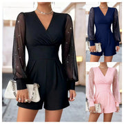 Panel Detail Cropped Shorts Jumpsuit With Sheer Sleeves For A Refined Professional Look