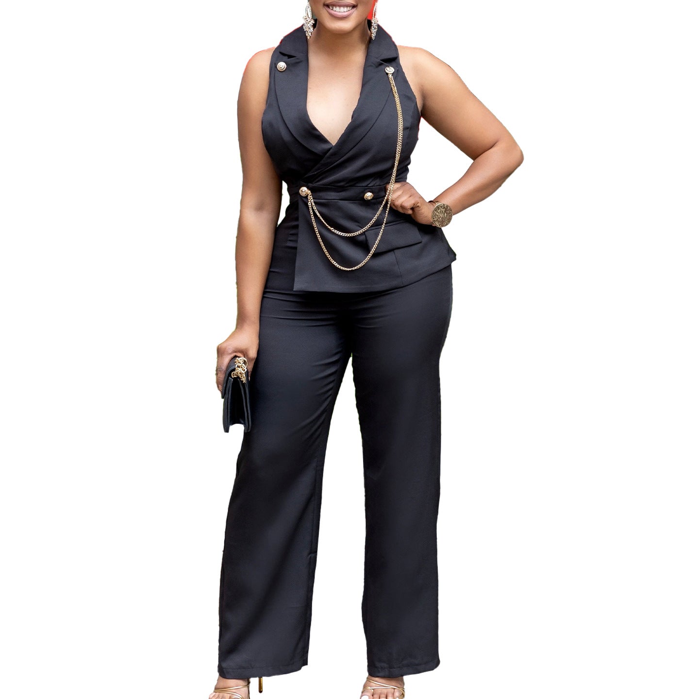 Chain Detailing Collar Jumpsuit for Timeless Power Dressing and Polished Modern Style