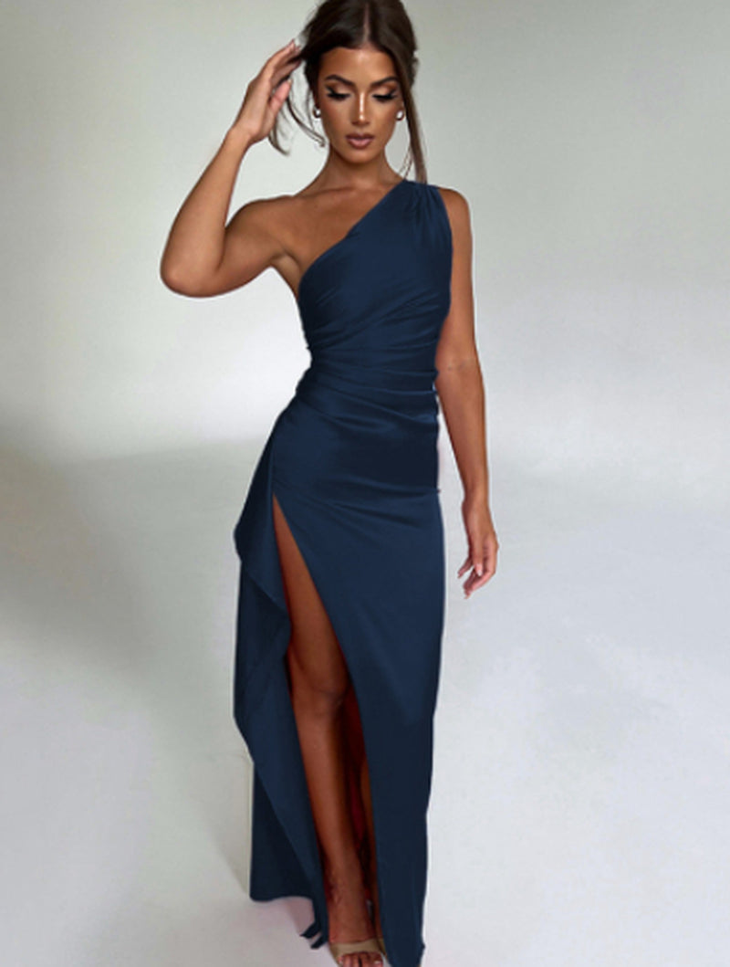 Elegant One-Shoulder Backless Satin Dress with Slit for Women - Summer Slim-Fit Solid Color Design