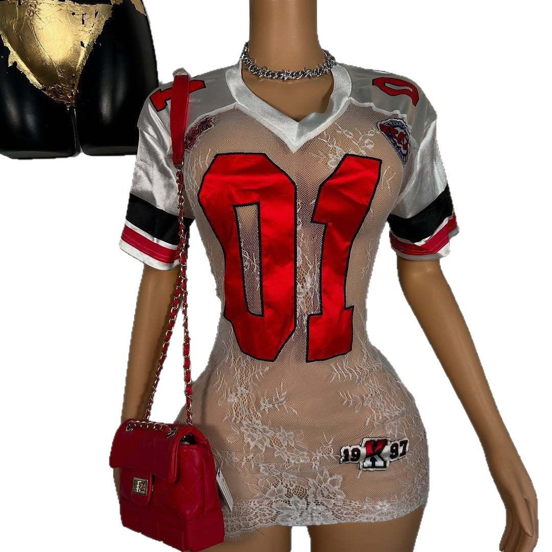 Monogram Patch Short Sleeve Dress With Geometric Embroidery For Modern Fashion Statement