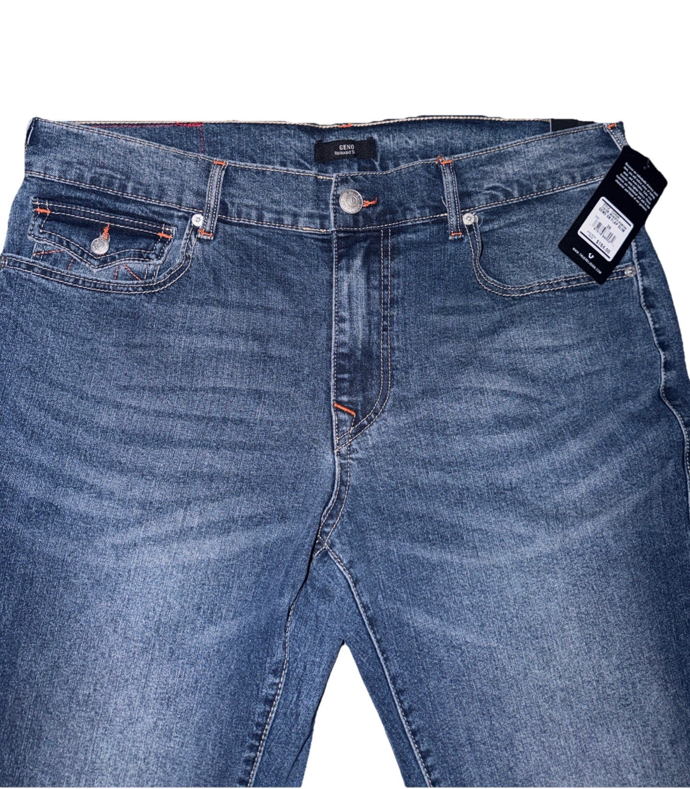 True Religion Men's Geno Big T Flap Slim Denim Jeans - 36X32 - Orange Stitch