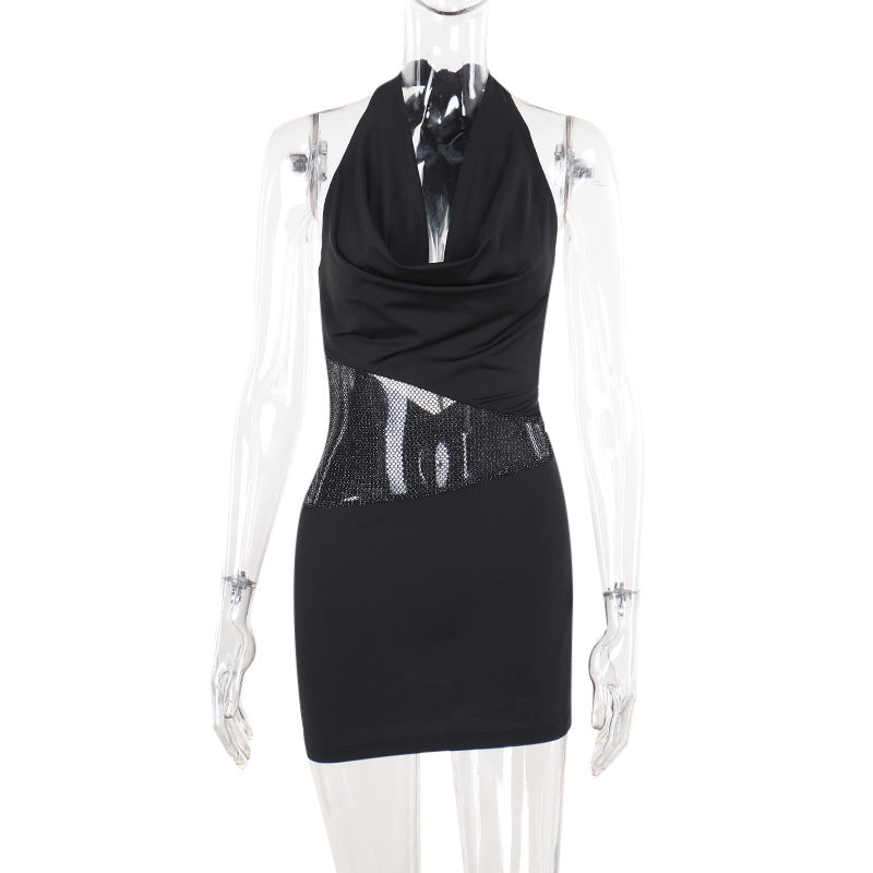Sleek Halter Mini Dress with Plunging Neckline and Glam Sequin Accents