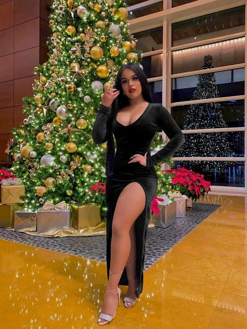 Women's Elegant Bodycon Long Sleeve Deep V-Neck High Slit Maxi Dress for Cocktail Parties