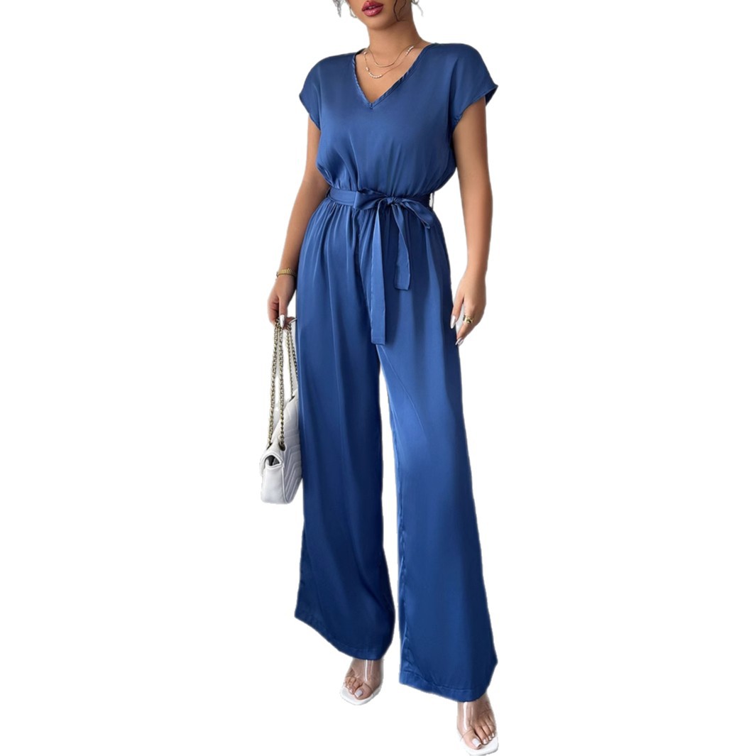 Deep V Neck High Waist Jumpsuit With Tie Belt For Modern Sophistication And All Day Versatility