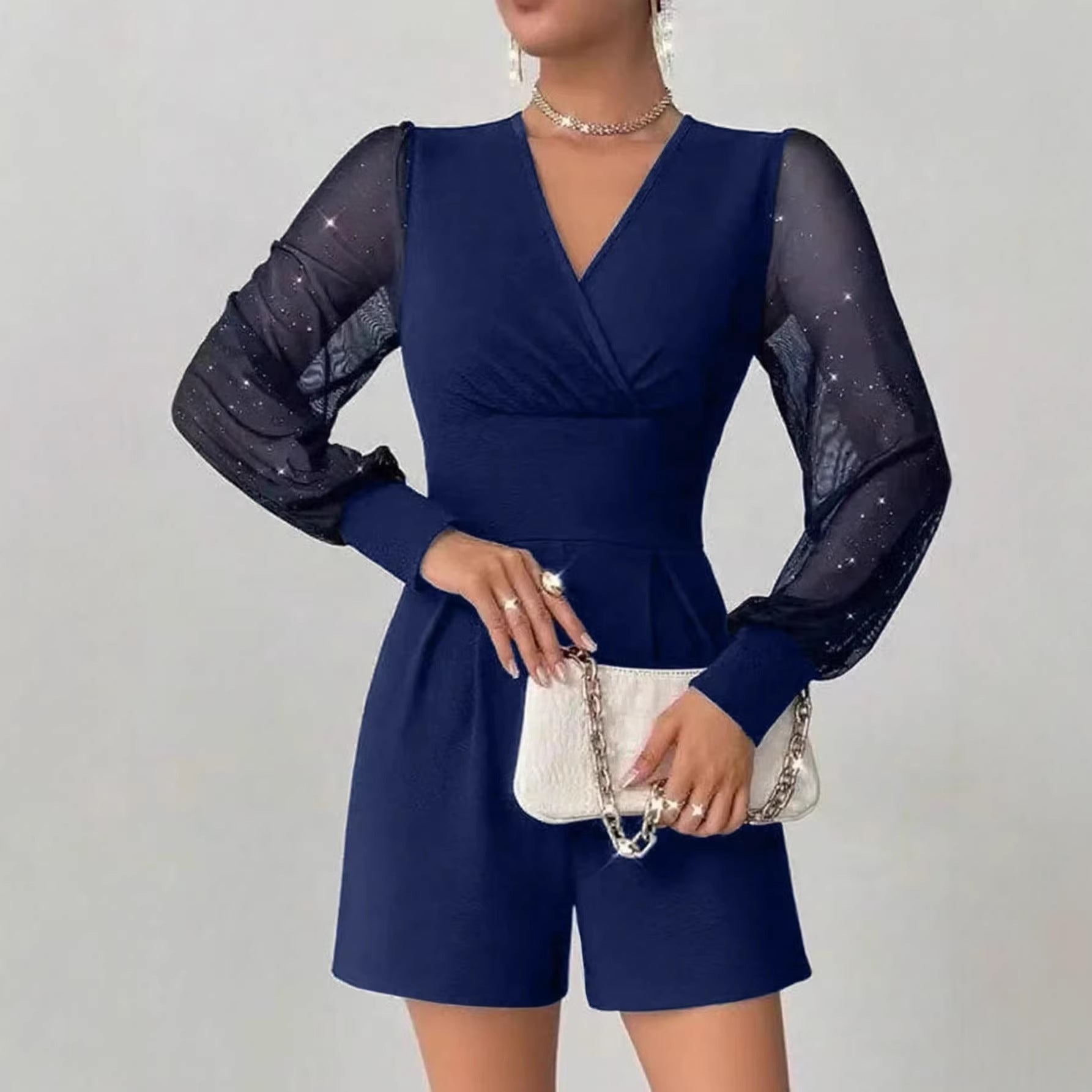 Panel Detail Cropped Shorts Jumpsuit With Sheer Sleeves For A Refined Professional Look