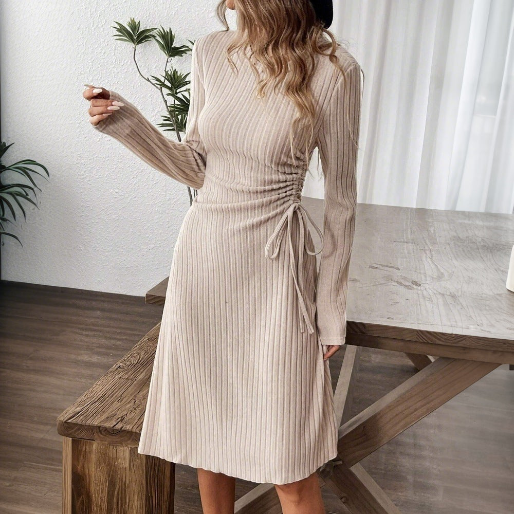 Ribbed Wrap Midi Dress With Elastic Waist And Long Sleeve Silhouette For Effortless Chic