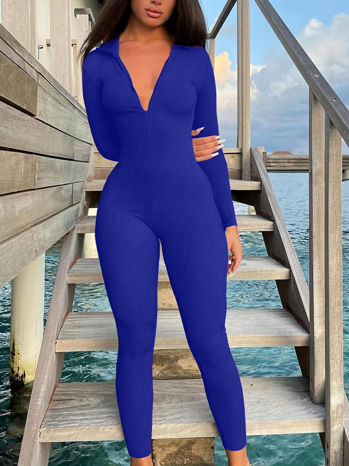 Contour Ribbed Zip Up Jumpsuit With Streamlined Silhouette For Effortless Everyday Chic