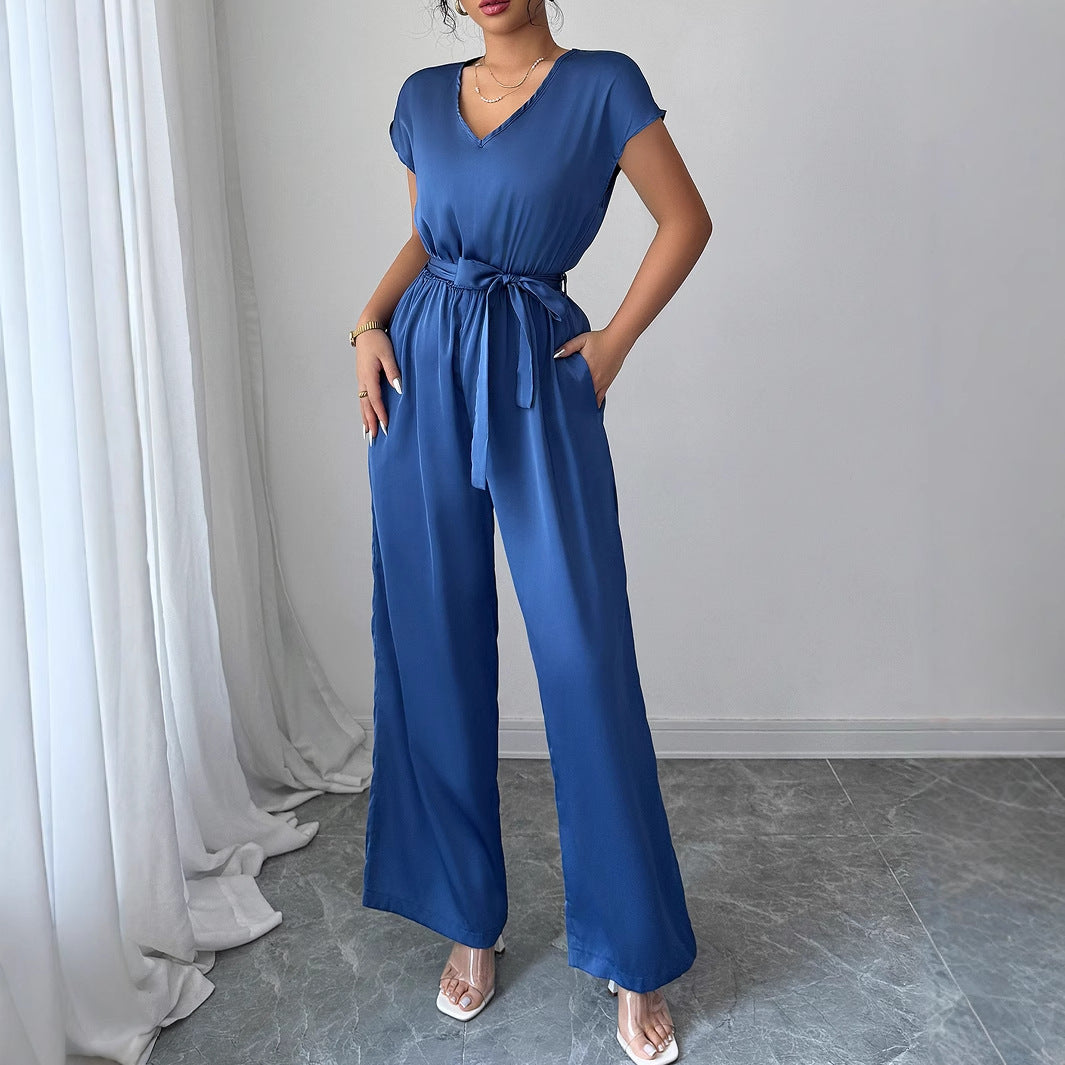 Deep V Neck High Waist Jumpsuit With Tie Belt For Modern Sophistication And All Day Versatility