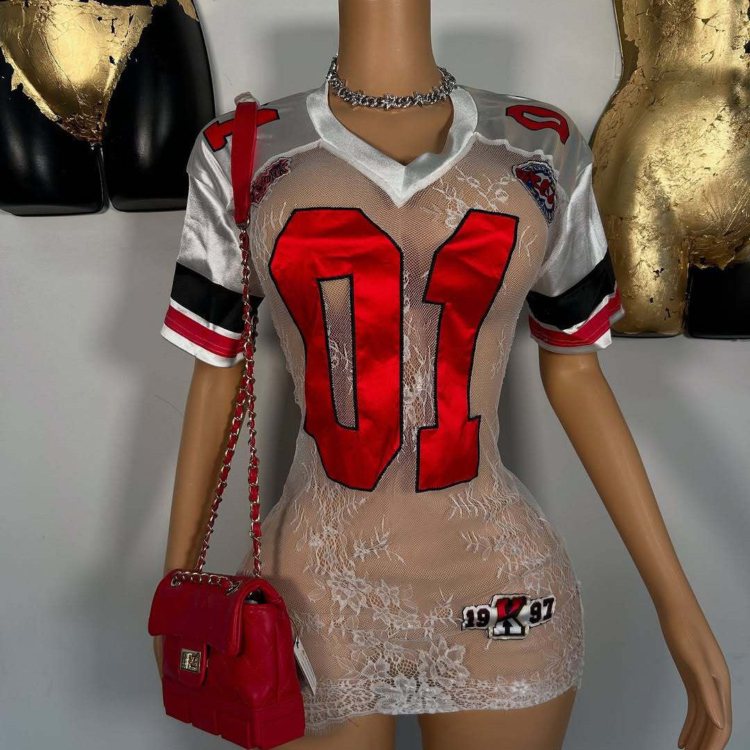 Women's Fashionable And Sexy Lace Embroidered Letter Short-Sleeve Dress