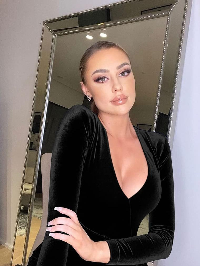 Women's Elegant Bodycon Long Sleeve Deep V-Neck High Slit Maxi Dress for Cocktail Parties