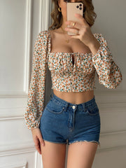Floral Print Square Neck Crop Blouse With Long Bishop Sleeves And Tie Front For Boho Chic Look