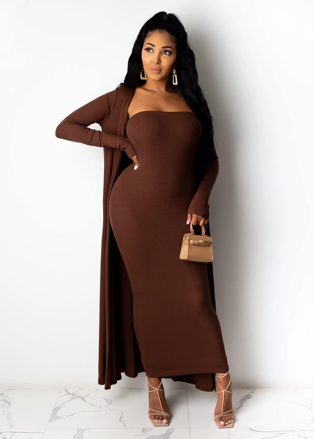 Women's Two-Piece Off-the-Shoulder Bodycon Midi Dress with Long Cardigan Jacket in Coffee