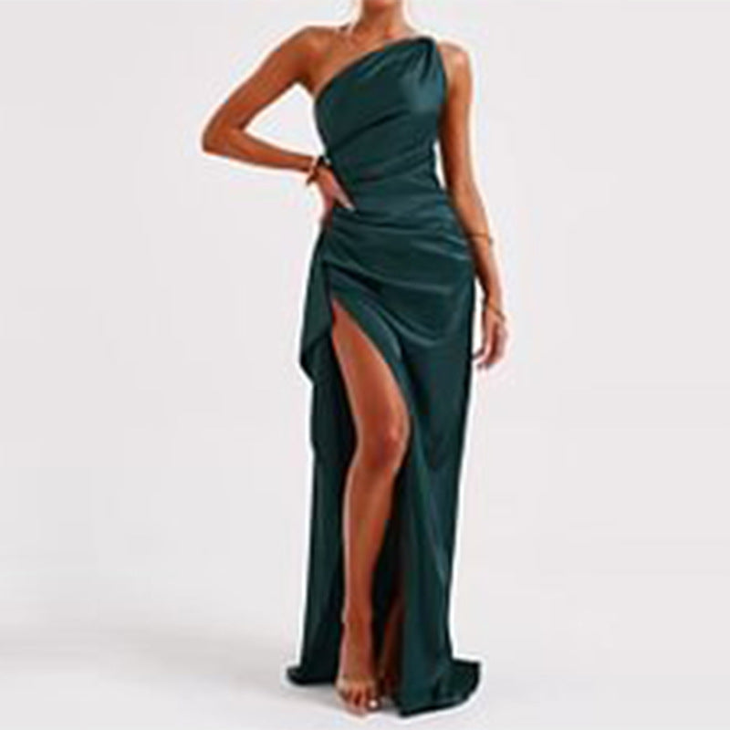 Elegant One-Shoulder Backless Satin Dress with Slit for Women - Summer Slim-Fit Solid Color Design