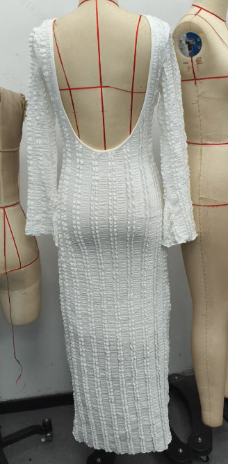 Elegant Patchwork Maxi Dress With Round Neckline And Flared Long Sleeves For Evening Glamour