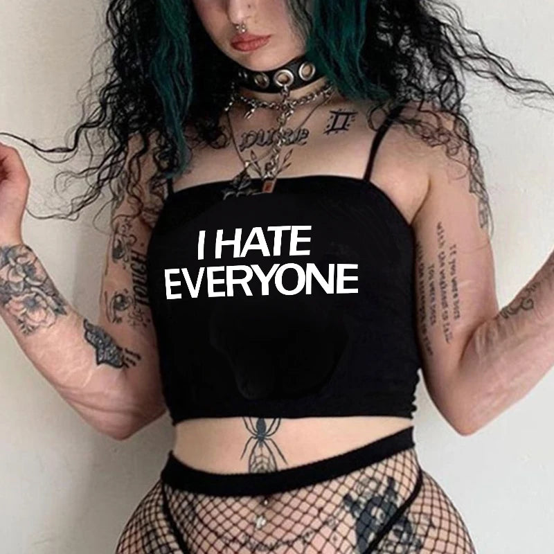 Aesthetic Goth "I HATE EVERYONE" Y2K Crop Top - Trendy Women's Short Sleeve Streetwear Tee