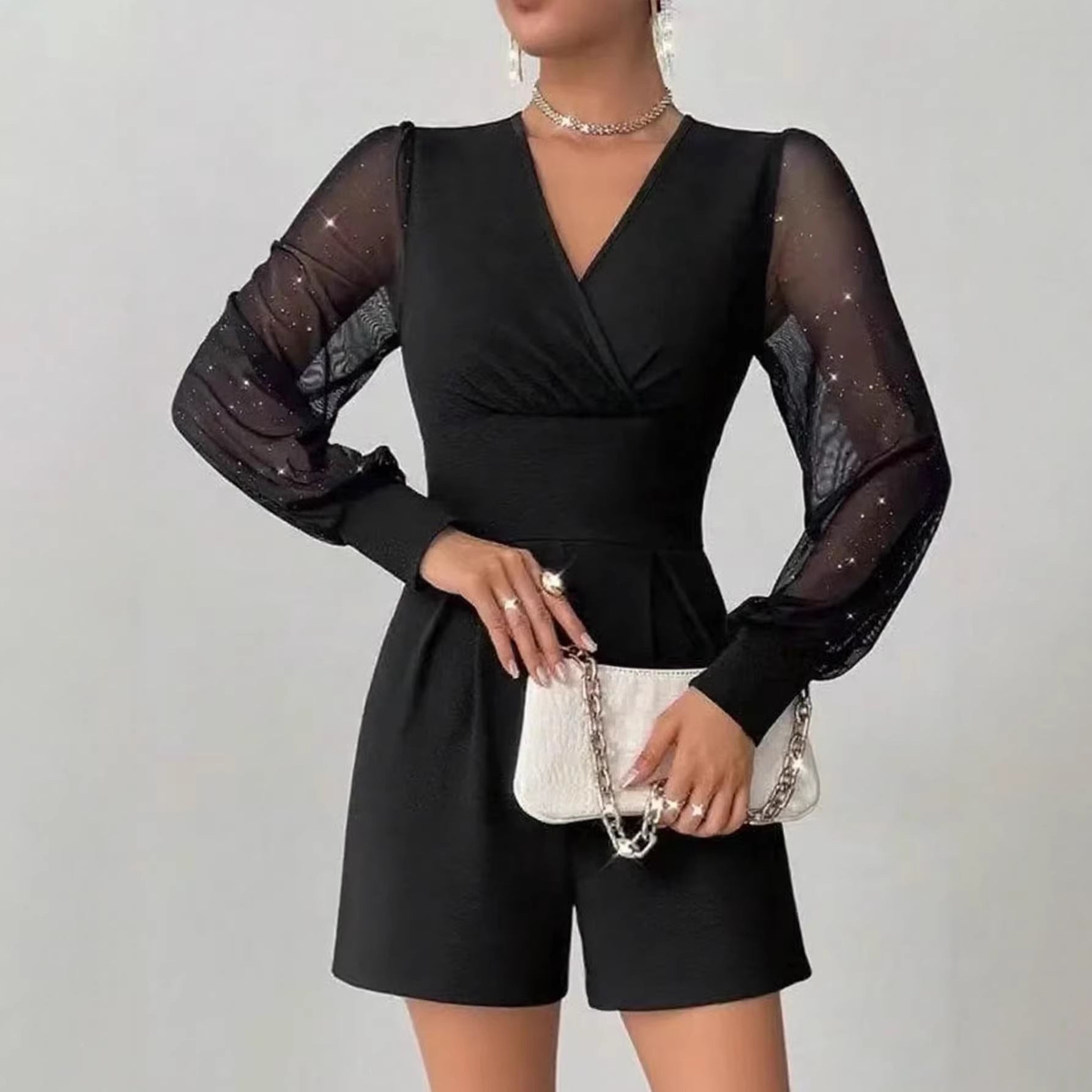 Panel Detail Cropped Shorts Jumpsuit With Sheer Sleeves For A Refined Professional Look