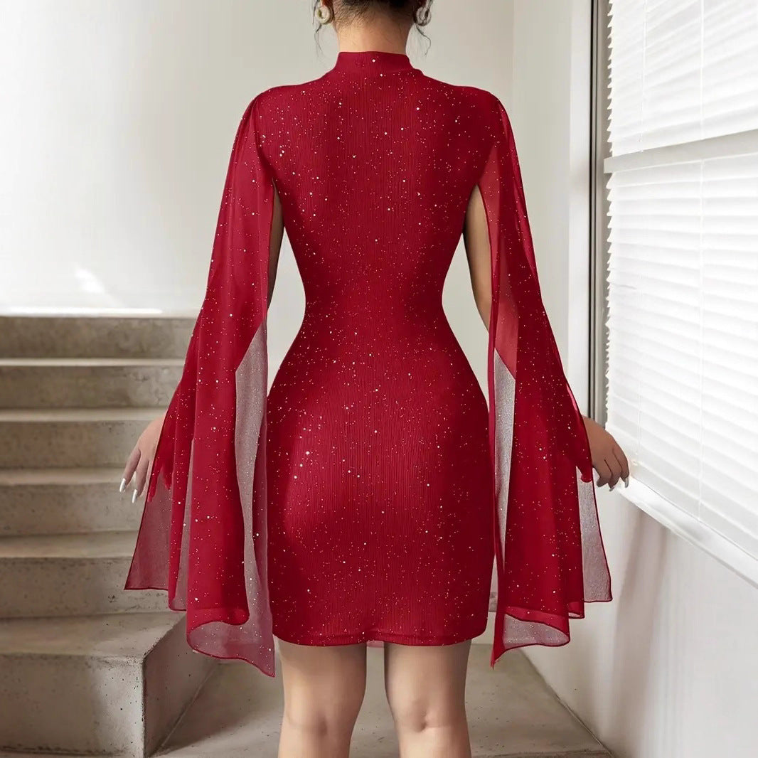 Lux High Neck Cape Sheath Dress With Sparkling Overlay For Modern Evening Glamour