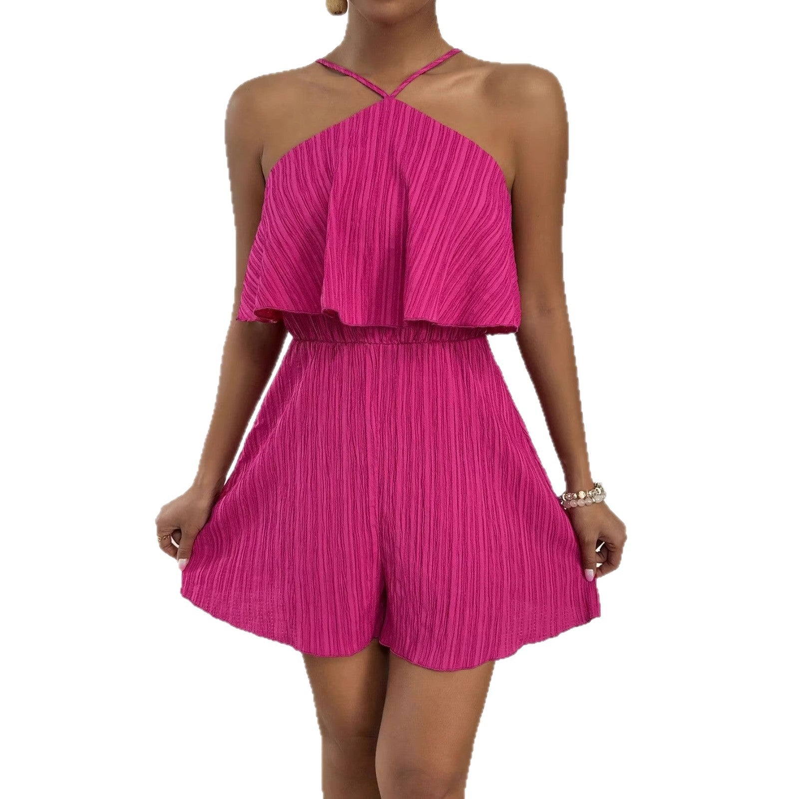 Crinkled Halter Jumpsuit With Flared Legs Premium Fit Elegant Evening Daywear Silhouette