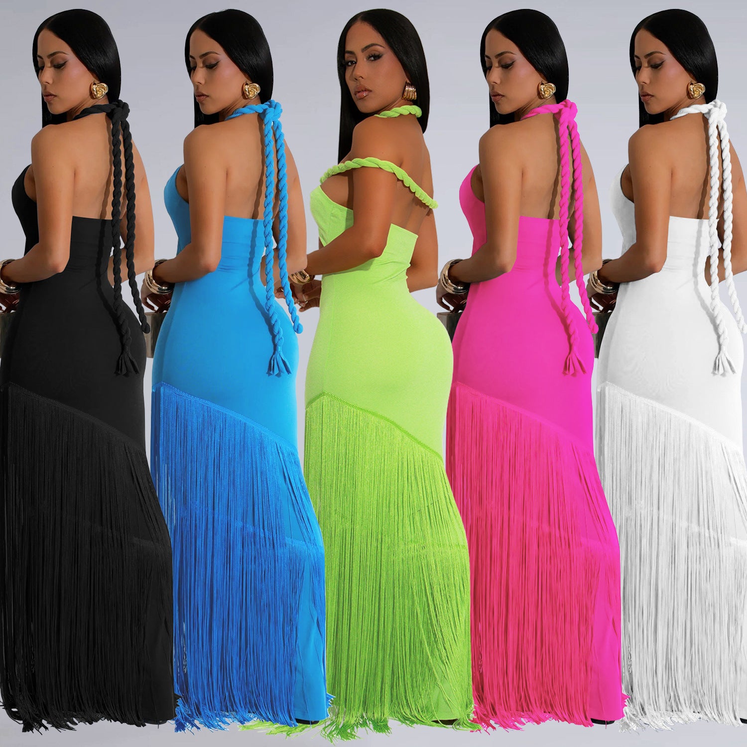 Luxe Tassel Stitch Halter Fringe Maxi Dress With Cross Knot Top For Elegant Evening Events