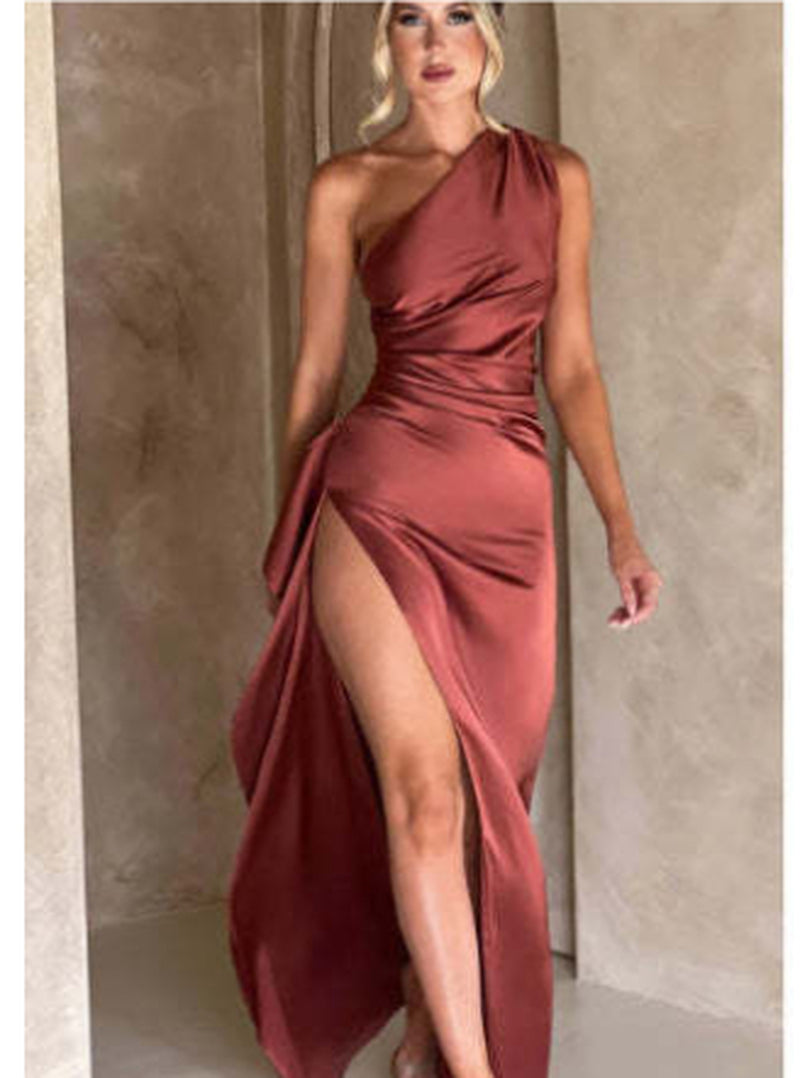 Elegant One-Shoulder Backless Satin Dress with Slit for Women - Summer Slim-Fit Solid Color Design