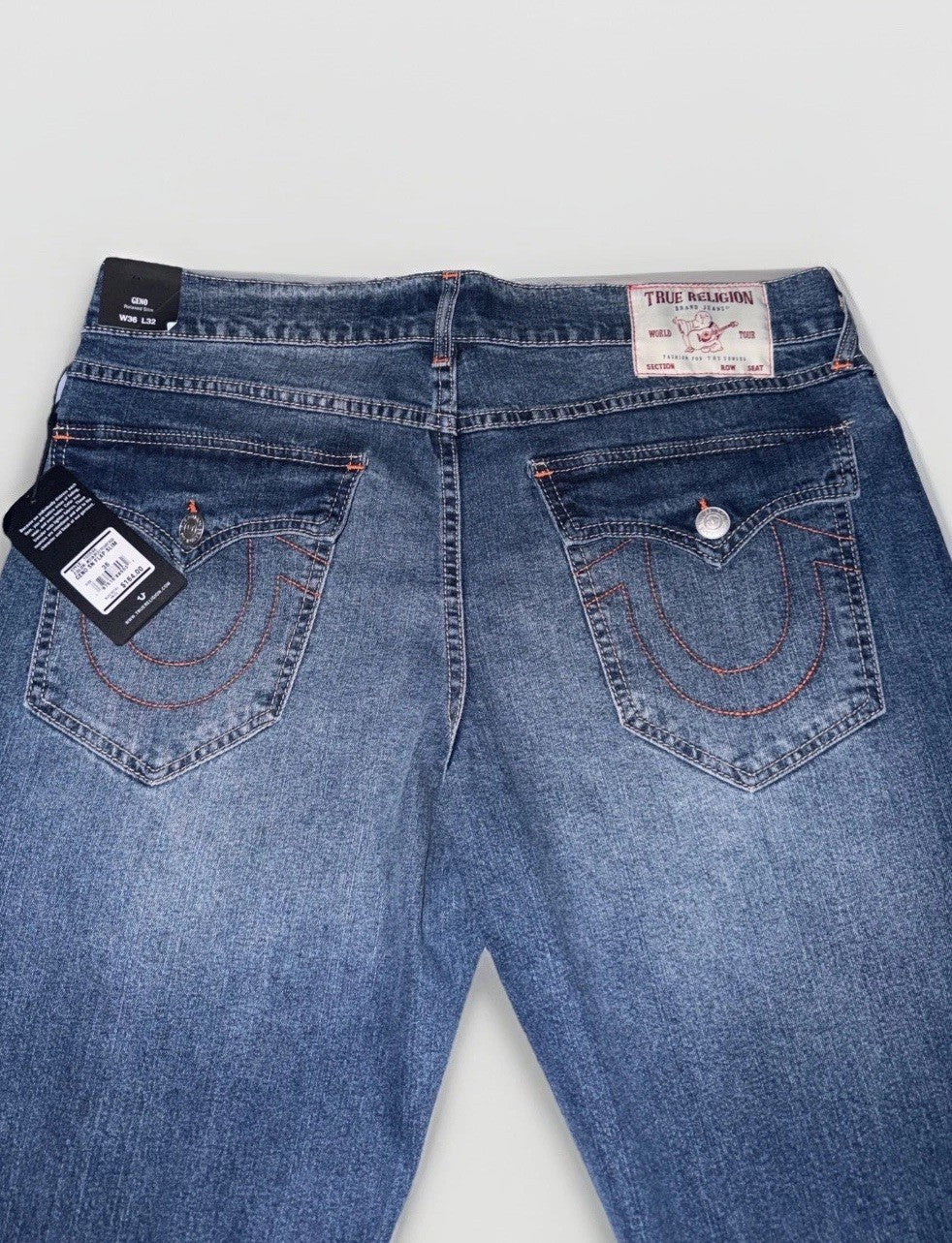 True Religion Men's Geno Big T Flap Slim Denim Jeans - 36X32 - Orange Stitch
