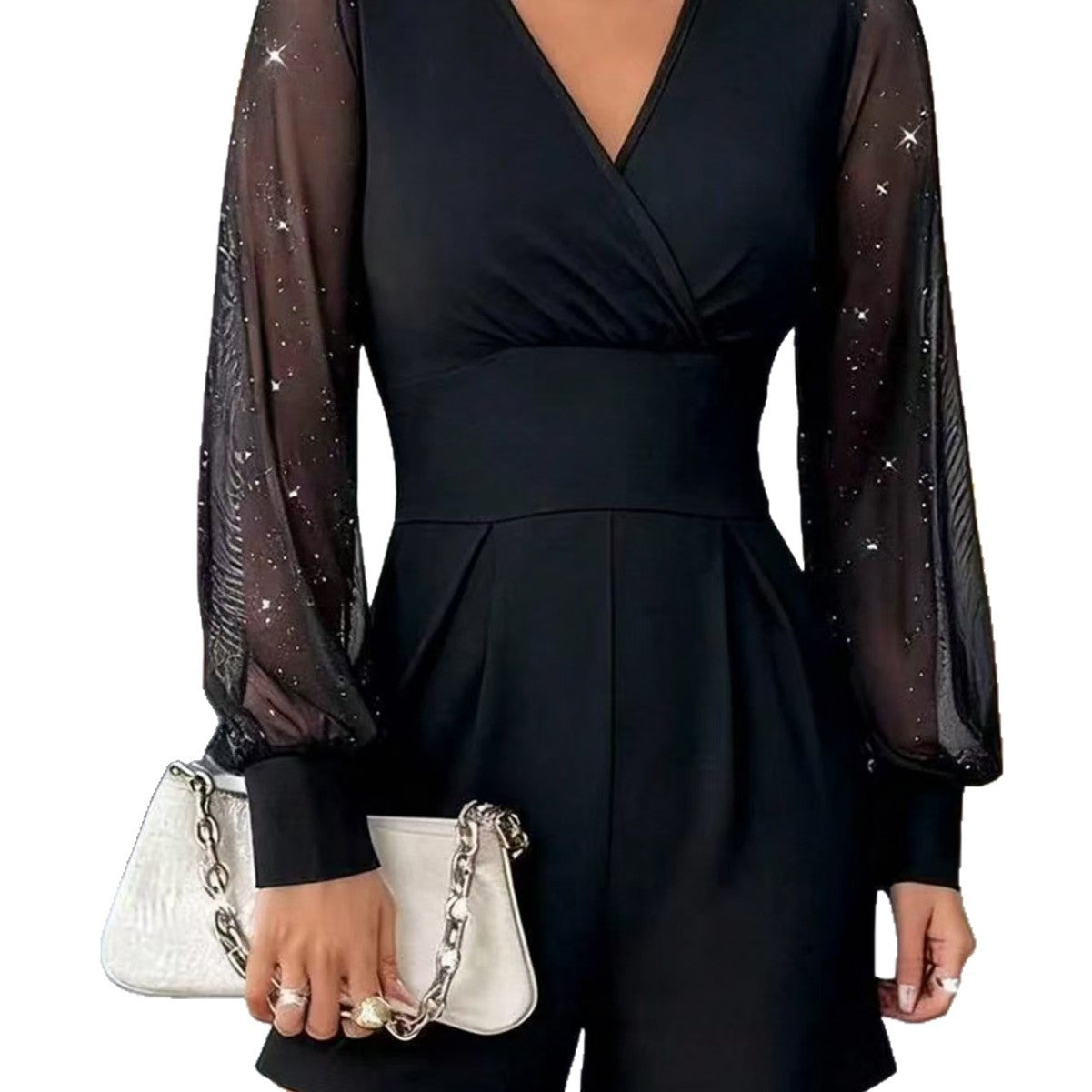 Panel Detail Cropped Shorts Jumpsuit With Sheer Sleeves For A Refined Professional Look