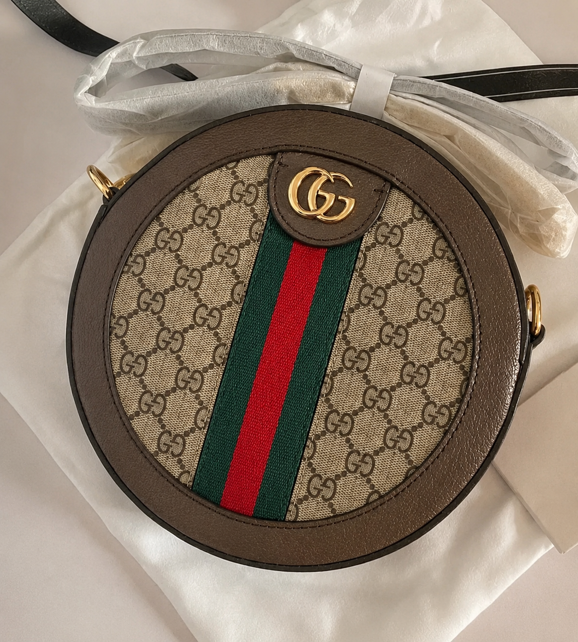 Round Structured Mini Crossbody Bag with Central Stripe Panel